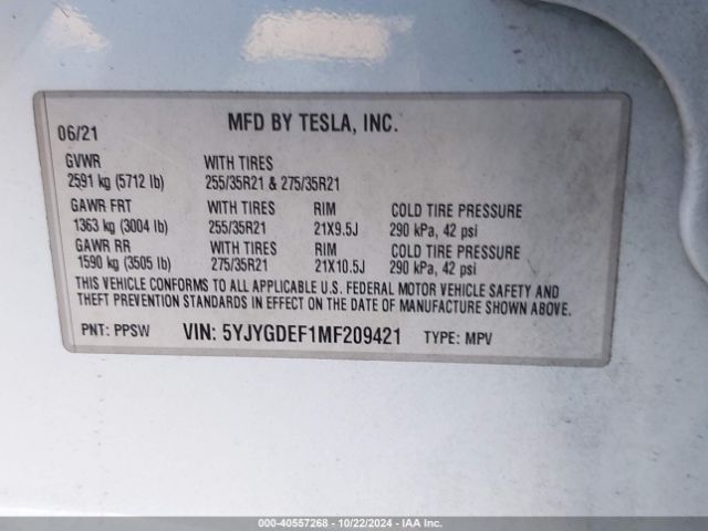 5YJYGDEF1MF209421 Tesla Model Y Performance Dual Motor All-wheel Drive
