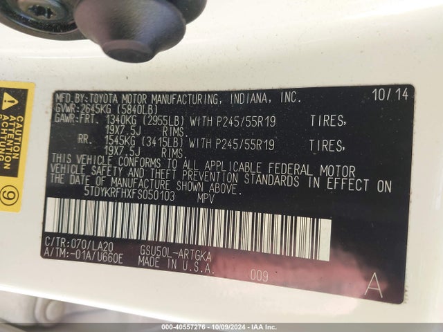 5TDYKRFHXFS050103 Toyota Highlander Limited V6