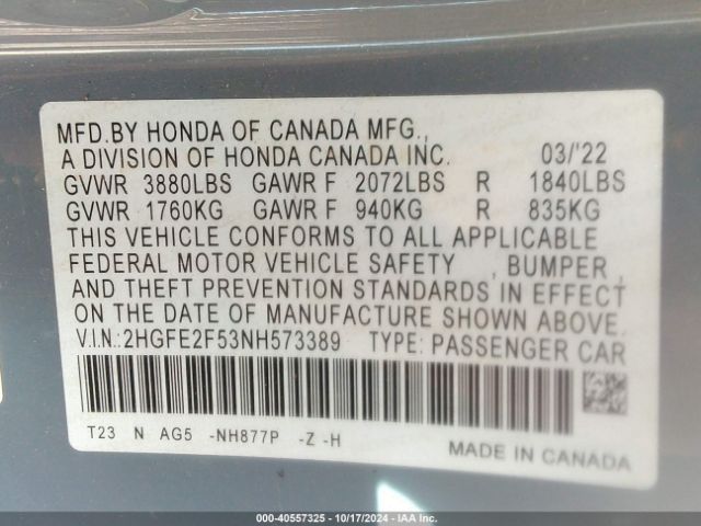 2HGFE2F53NH573389 Honda Civic Sport