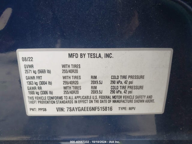 2022 TESLA MODEL Y 7SAYGAEE6NF515816 Photo 8