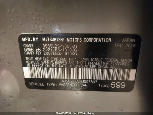 JA32U2FU5HU007807 Mitsubishi LANCER ES
