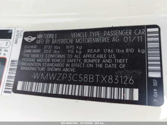 2011 MINI COOPER S WMWZP3C58BTX83126 Photo 8