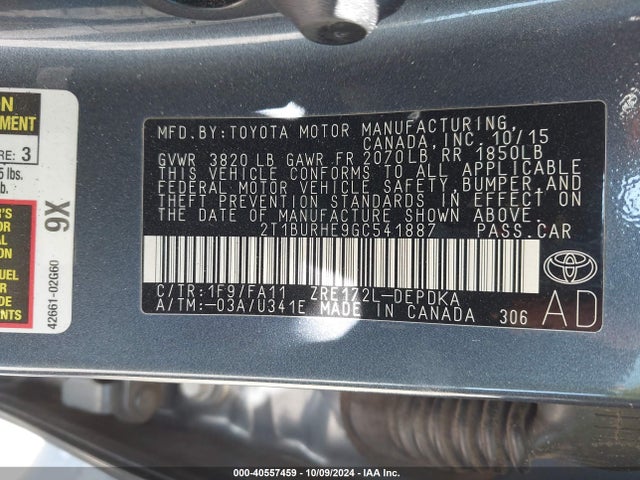Toyota COROLLA L 2016 2T1BURHE9GC541887 Image 9