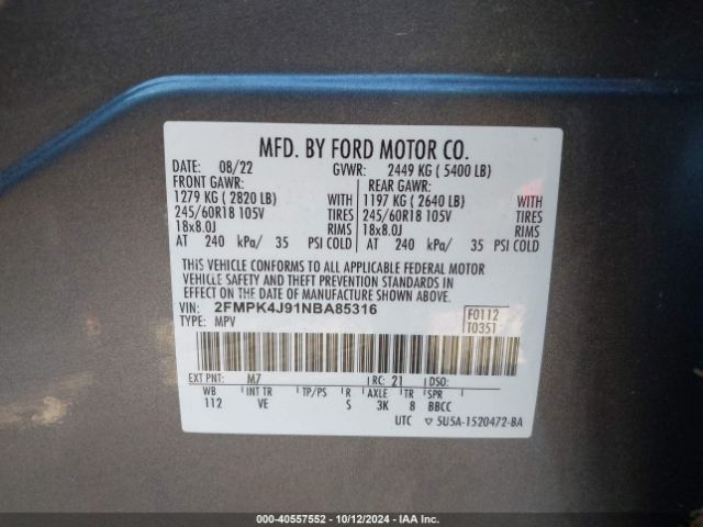 2FMPK4J91NBA85316 Ford EDGE SEL