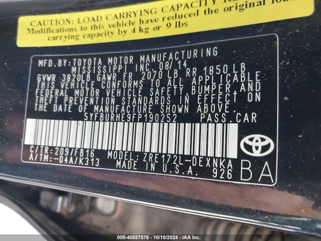Toyota COROLLA LE 2015 5YFBURHE9FP190252 Image 9