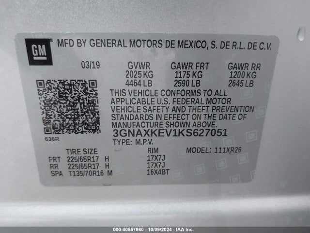 Chevrolet EQUINOX LT 2019 3GNAXKEV1KS627051 Image 9