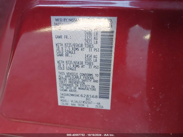Nissan Pathfinder Sv 2017 5N1DR2MN5HC628568 Image 9