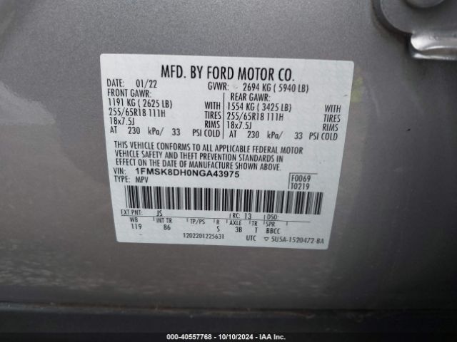 1FMSK8DH0NGA43975 Ford EXPLORER XLT