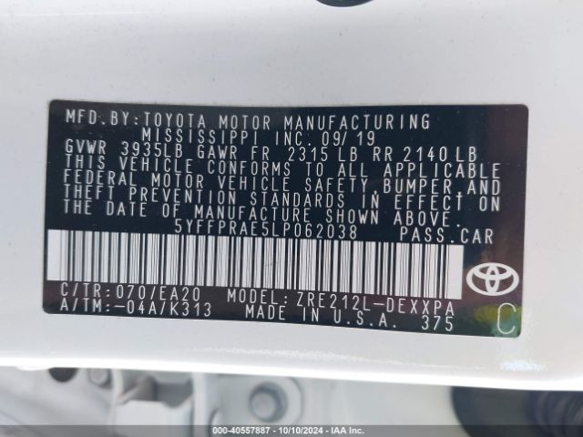 5YFFPRAE5LP062038 Toyota Corolla Xle