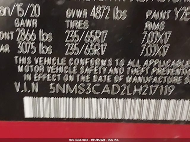 5NMS3CAD2LH217119 Hyundai Santa Fe Sel