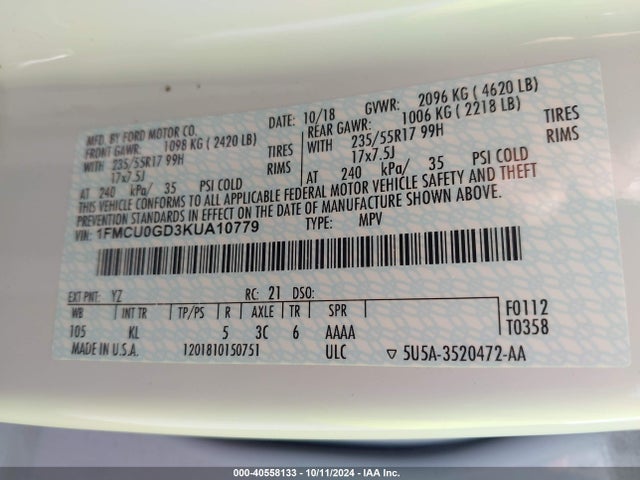 Ford ESCAPE SE 2019 1FMCU0GD3KUA10779 Image 8
