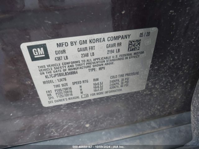 KL7CJPSBXLB348864 Chevrolet Trax Awd Lt