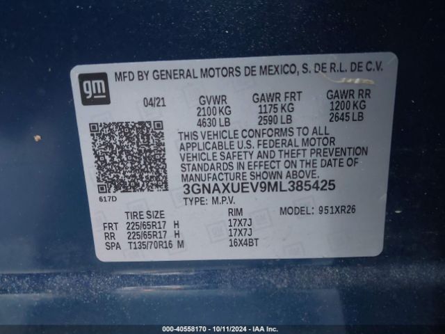 3GNAXUEV9ML385425 Chevrolet Equinox Awd Lt