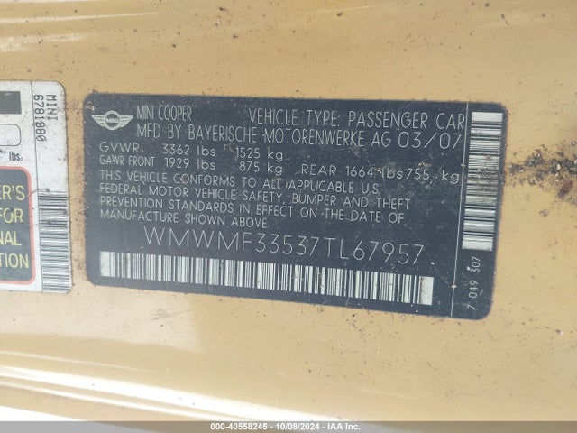 2007 MINI COOPER WMWMF33537TL67957 Photo 8