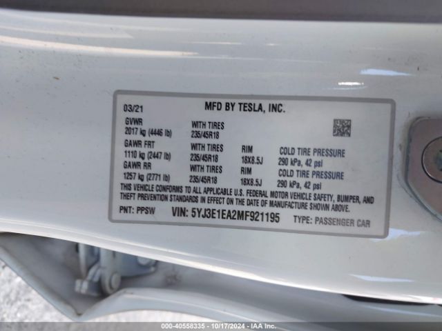 5YJ3E1EA2MF921195 Tesla Model 3 Standard Range Plus Rear-wheel Drive