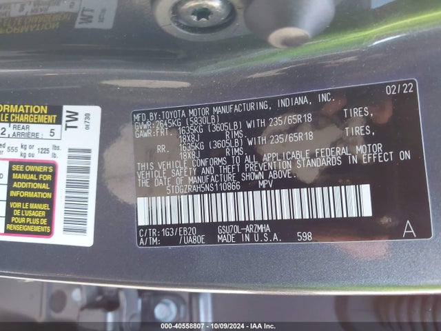 Toyota Highlander Xle 2022 5TDGZRAH5NS110866 Image 9