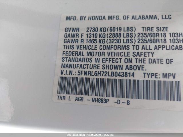 5FNRL6H72LB043814 Honda Odyssey Ex-l/ex-l W/navi   Res