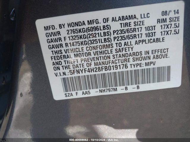 Honda PILOT LX 2015 5FNYF4H28FB019176 Image 9