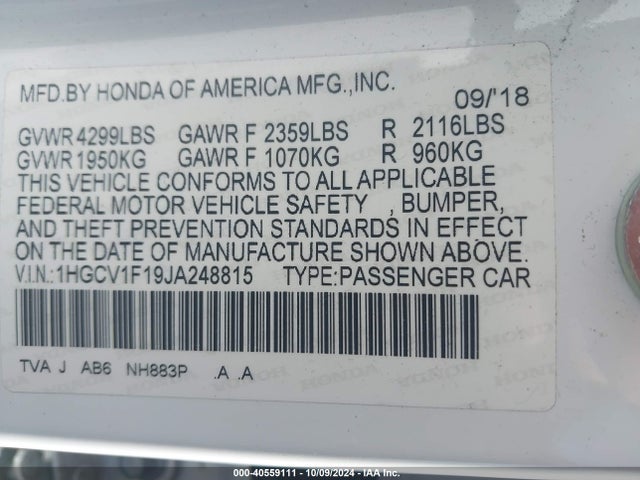 Honda ACCORD LX 2018 1HGCV1F19JA248815 Image 9