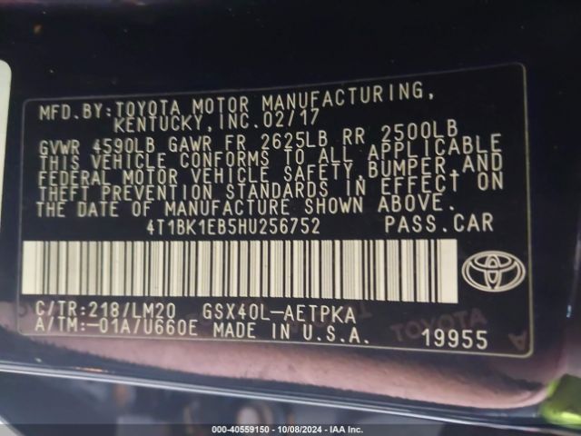 4T1BK1EB5HU256752 Toyota AVALON LIMITED
