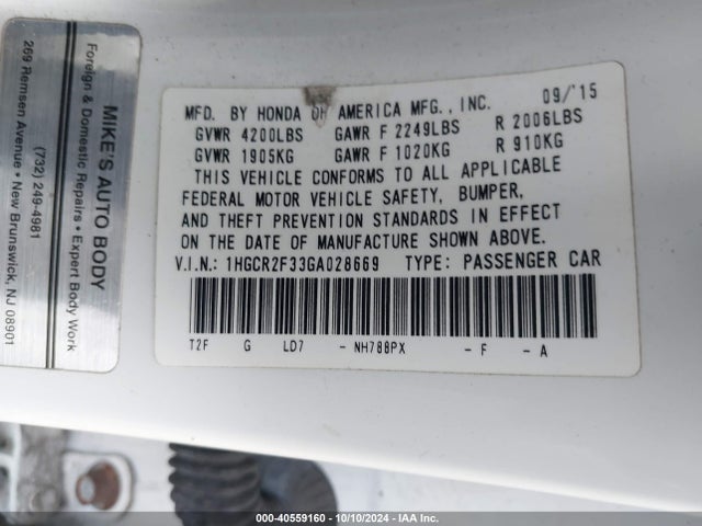 Honda ACCORD LX 2016 1HGCR2F33GA028669 Image 9