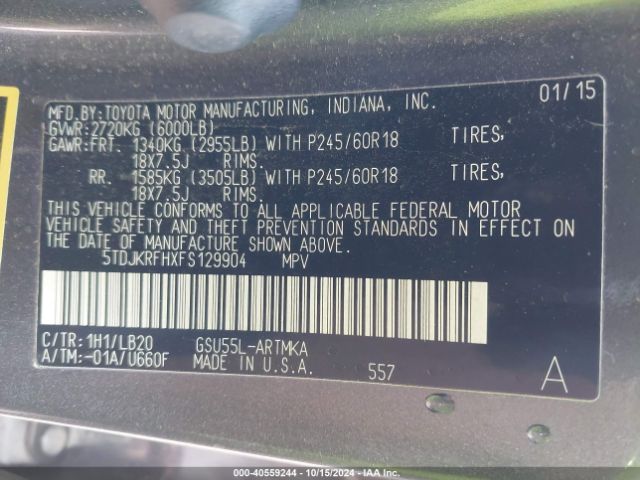 5TDJKRFHXFS129904 Toyota Highlander Xle V6