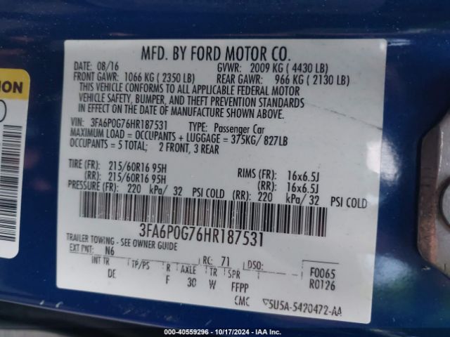 3FA6P0G76HR187531 Ford FUSION S
