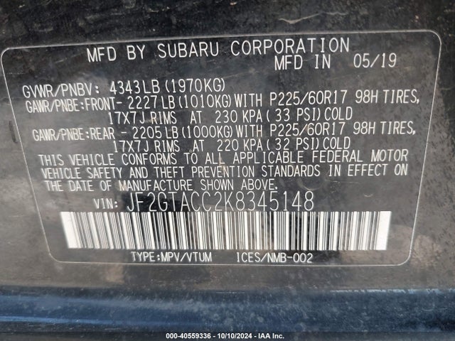 Subaru Crosstrek 2.0i Premium 2019 JF2GTACC2K8345148 Image 9