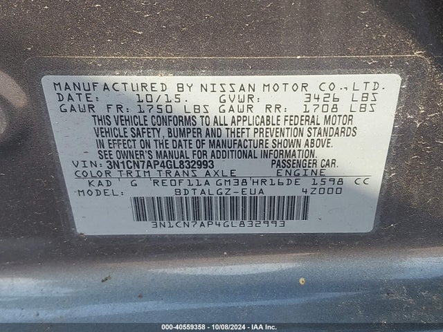 Nissan Versa 1.6 Sl 2016 3N1CN7AP4GL832993 Image 9