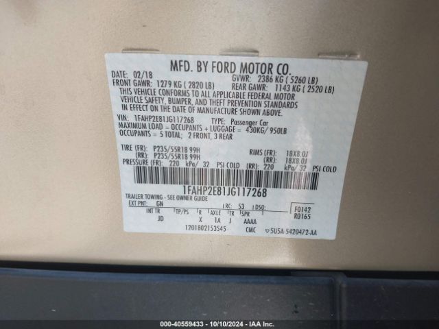 1FAHP2E81JG117268 Ford TAURUS SEL