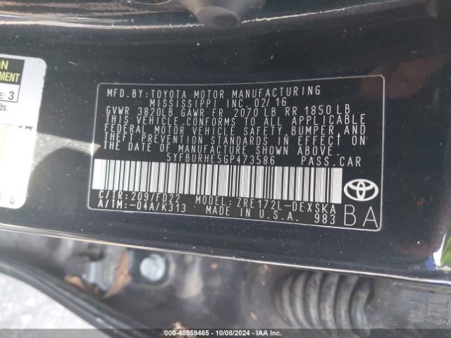 5YFBURHE5GP473586 Toyota Corolla S