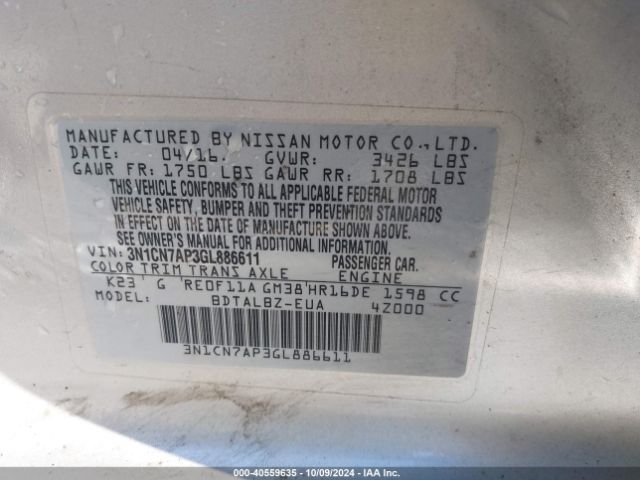 3N1CN7AP3GL886611 Nissan Versa 1.6 S/1.6 S+/1.6 Sl/1.6 Sv