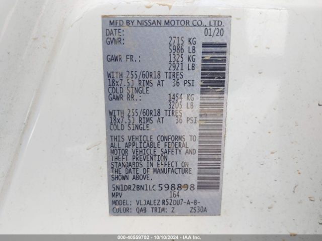 5N1DR2BN1LC598898 Nissan Pathfinder Sv 2wd