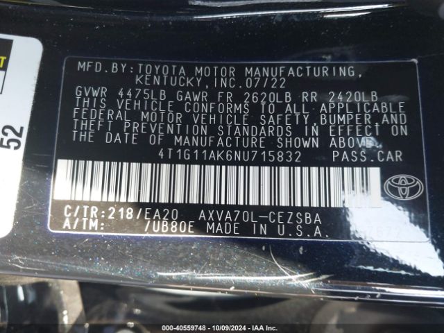4T1G11AK6NU715832 Toyota CAMRY SE