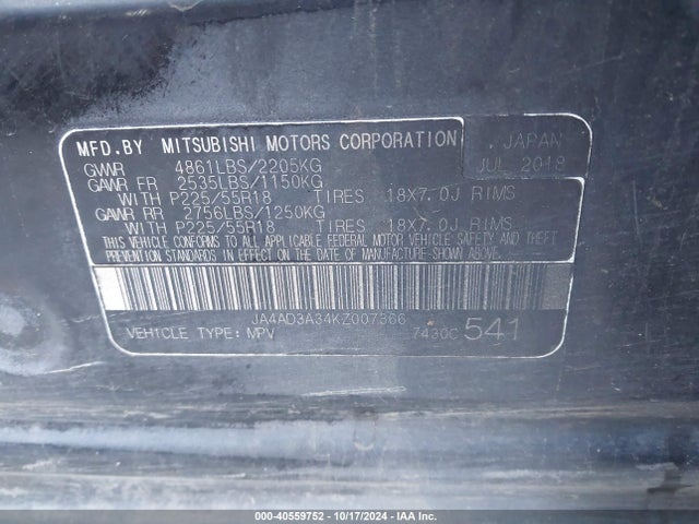 Mitsubishi Outlander Sel 2019 JA4AD3A34KZ007366 Image 9
