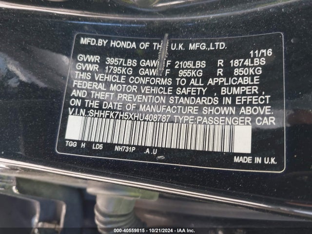 Honda CIVIC EX 2017 SHHFK7H5XHU408787 Image 9