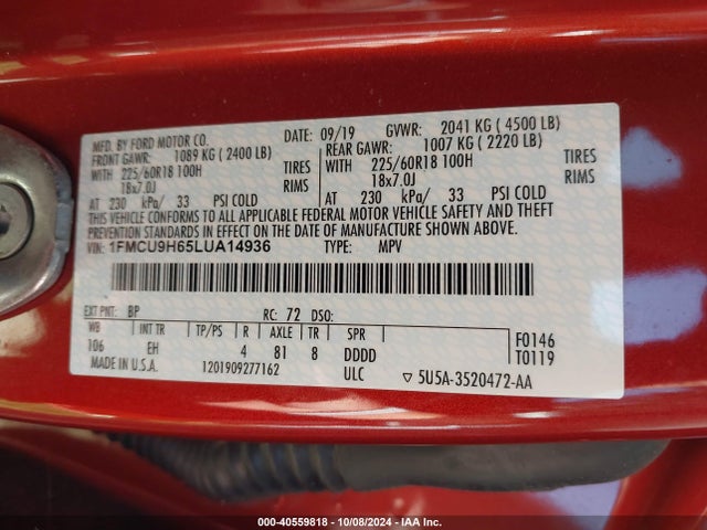Ford ESCAPE SEL 2020 1FMCU9H65LUA14936 Image 9