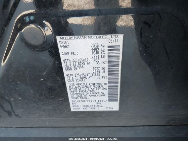 5N1AT2MT6EC833167 Nissan Rogue S/sl/sv