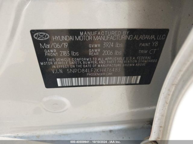 5NPD84LF2KH476483 Hyundai ELANTRA SEL