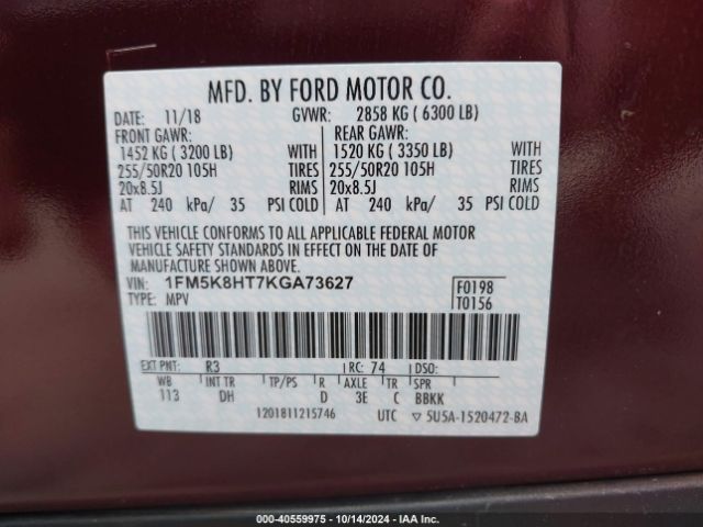1FM5K8HT7KGA73627 Ford Explorer Platinum