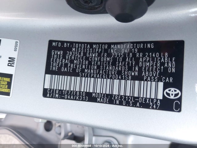 Toyota COROLLA LE 2020 5YFEPRAE6LP004158 Image 9