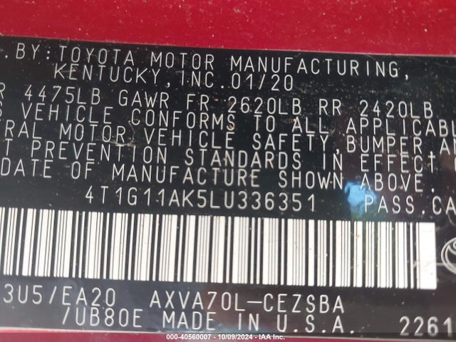Toyota CAMRY SE 2020 4T1G11AK5LU336351 Image 9