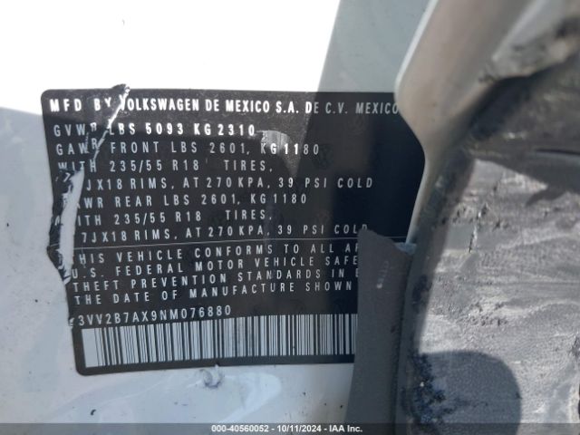 3VV2B7AX9NM076880 Volkswagen Tiguan 2.0t Se