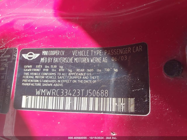 2003 MINI COOPER WMWRC33423TJ50688 Photo 8