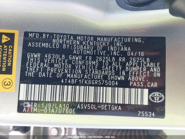 Toyota CAMRY XLE 2016 4T4BF1FK6GR575004 Image 9