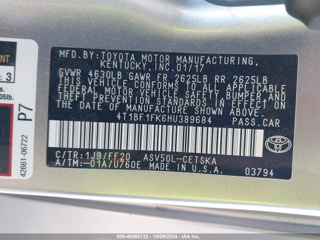Toyota CAMRY SE 2017 4T1BF1FK6HU389684 Image 9