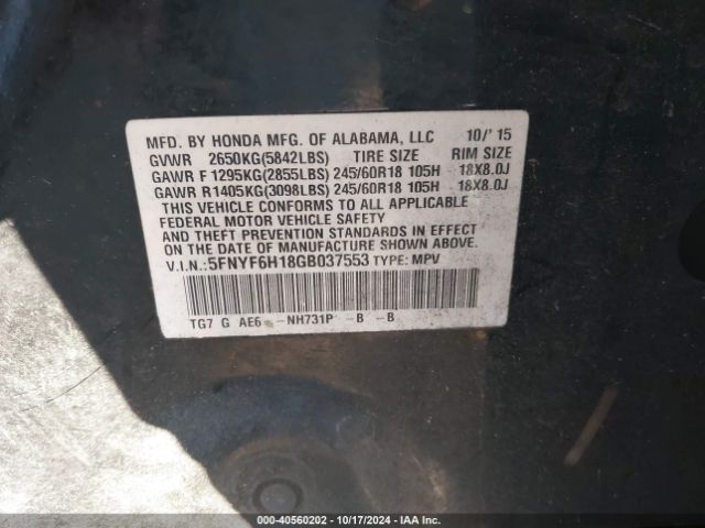 5FNYF6H18GB037553 Honda PILOT LX