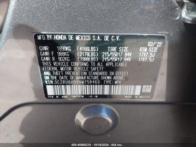 3CZRU6H58NM758469 Honda Hr-v Awd Ex