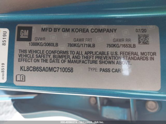 KL8CB6SA0MC710058 Chevrolet Spark Fwd Ls Automatic
