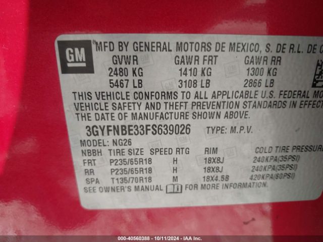 3GYFNBE33FS639026 Cadillac Srx Luxury Collection